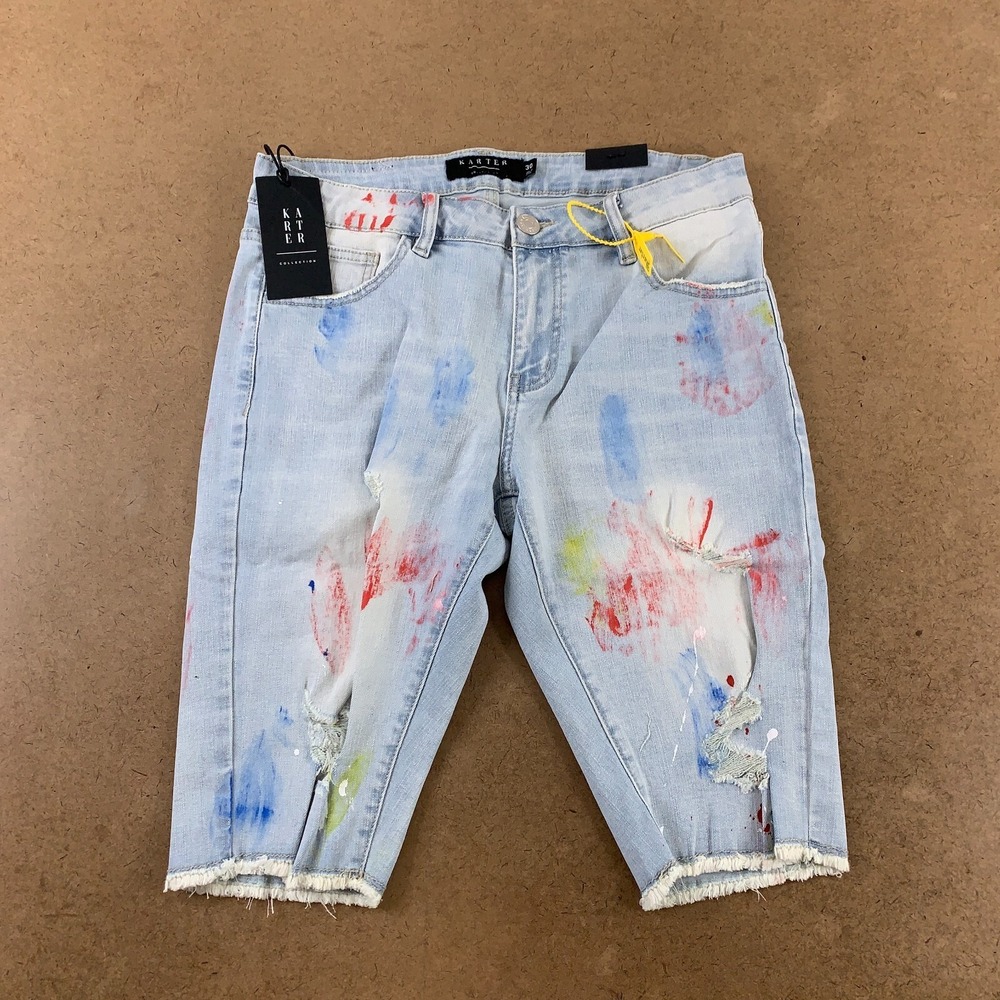 Karter Men's 30 Light Wash Stretch Destroyed Denim Cut Off Damon Jean Shorts NWT